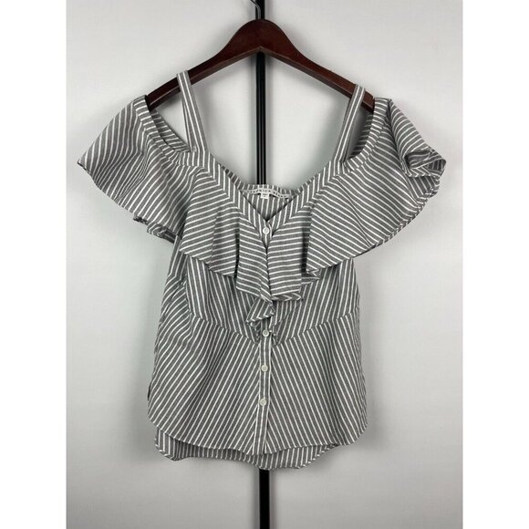 Veronica Beard Gray White Stripe Grant Cold-Shoulder Ruffle Cotton Blouse Size 4 - Picture 1 of 7